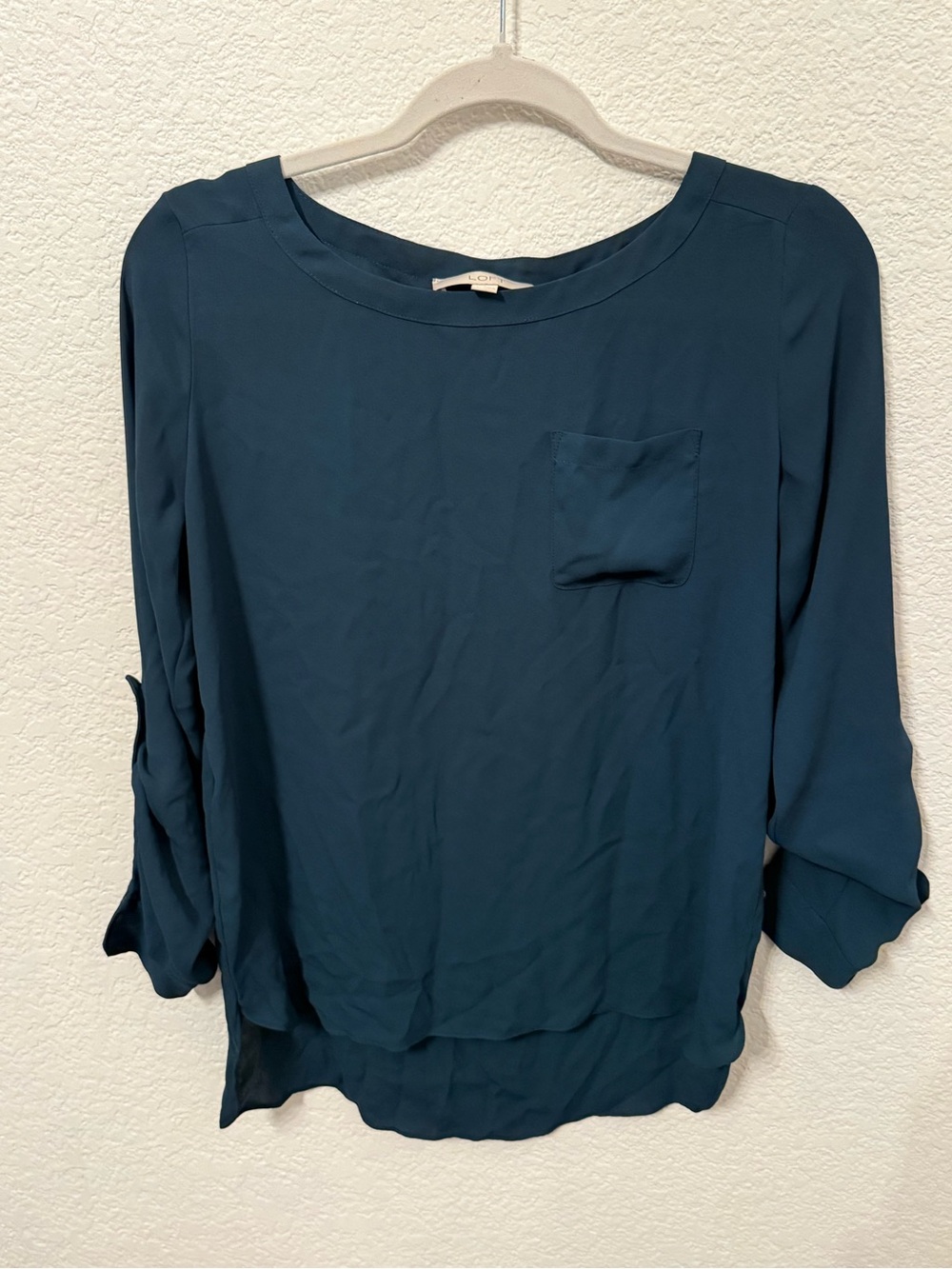 LOFT Women’s Small Teal Blue Long Sleeve Blouse Roll Tab Sleeve Pocket Top